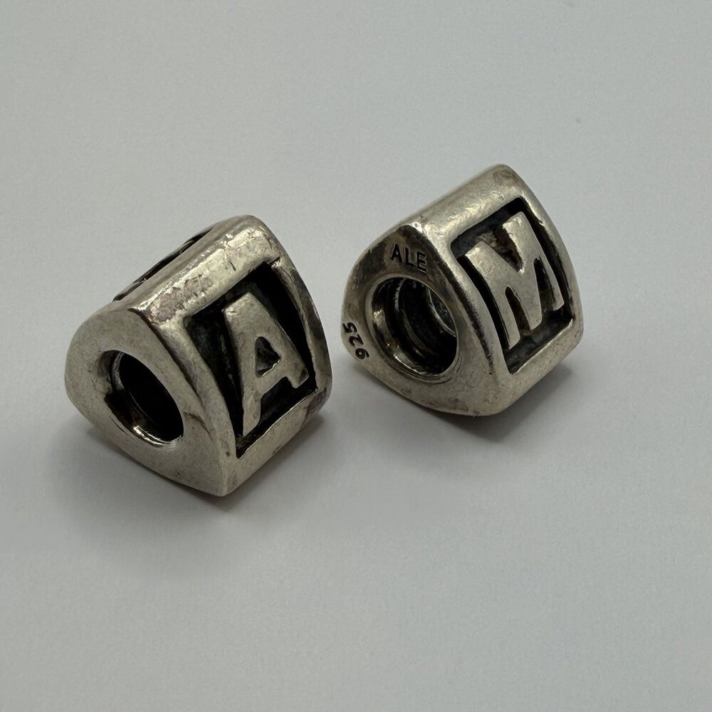 Authentic Pandora 925 ALE Sterling Silver Letter A M Cube Charms Retired 6.6g